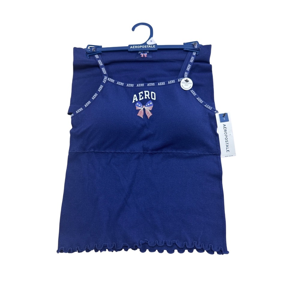 Aeropostale Womens Navy Blue Seamless Cami Tank Top Logo Straps Bow Graphic S